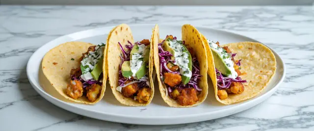 Air-Fried Buffalo Cauliflower and Chickpea Tacos with Avocado Crema