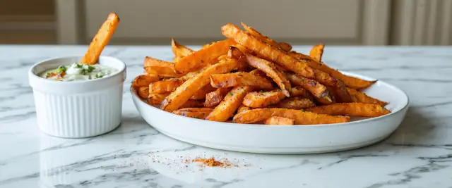 Air-Fried Chili Lime Sweet Potato Fries with Cilantro Lime Dip