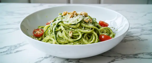 Air-Fried Pesto Zucchini Noodles With Cherry Tomatoes and Pine Nuts