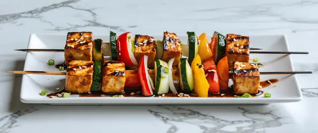 Air-Fried Teriyaki Tofu and Vegetable Skewers with Sesame Seeds