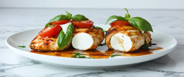 Air-Fried Tomato Basil Mozzarella Stuffed Chicken with Balsamic Reduction