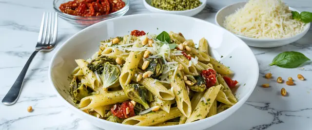 Artichoke and Sun-Dried Tomato Pasta with Basil Pesto