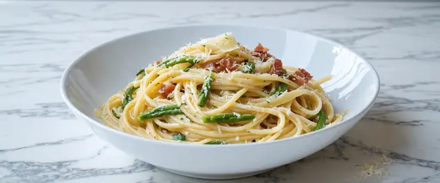 Bacon and Asparagus Carbonara with Parmesan Crisps