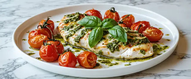 Baked Pesto Chicken with Roasted Cherry Tomatoes