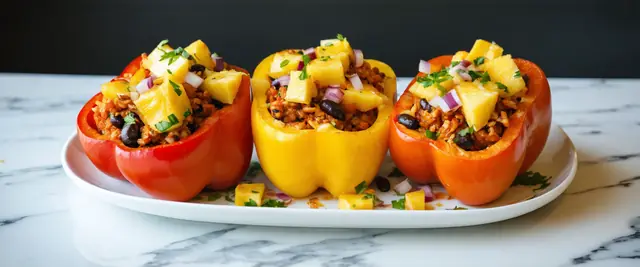 BBQ Jackfruit Stuffed Bell Peppers with Pineapple Salsa