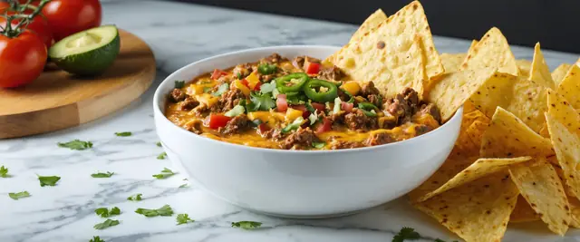 Beef Queso Dip with Tortilla Chips