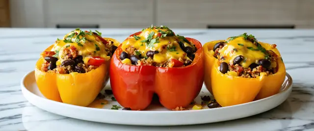 Black Bean and Quinoa Stuffed Bell Peppers with Chipotle Crema