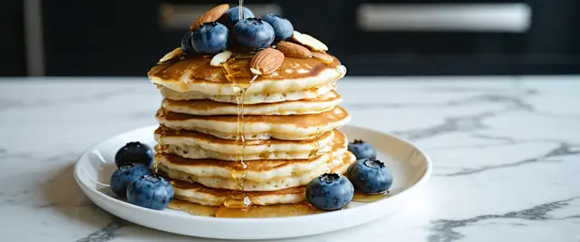 Blueberry Almond Pancakes Topped With Honey Drizzle