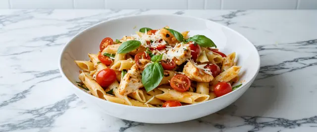 Caprese Chicken Penne with Balsamic Glaze Drizzle