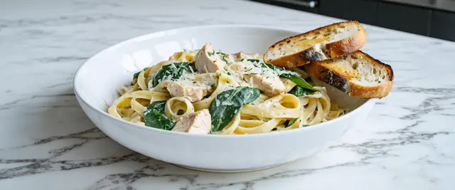 Chicken and Spinach Alfredo with Garlic Parmesan Toast