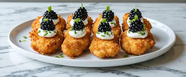 Chicken Nuggets Topped with Crème Fraîche, Baerii Sturgeon Caviar, and Chives