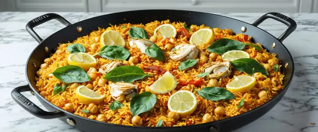 Chickpea and Spinach Paella with Artichoke Hearts