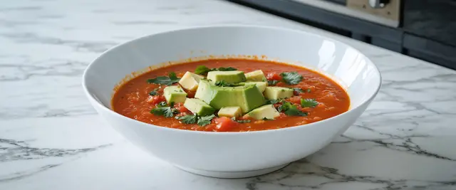 Chilled Gazpacho Soup with Avocado Garnish