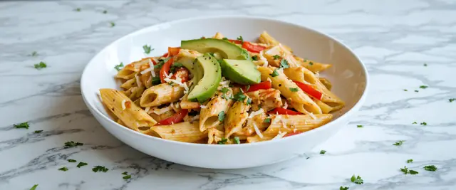 Chipotle Lime Chicken Fajita Pasta with Avocado Slices
