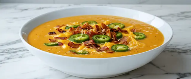 Creamy Beer Cheese Soup with Crispy Bacon and Spicy Jalapeños