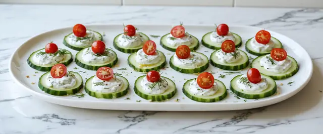 Cucumber Rounds Topped with Tzatziki and Cherry Tomatoes