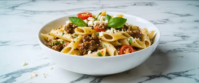 Cumin-Spiced Lamb and Mint Penne with Feta Crumbles