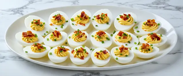 Deviled Eggs with Various Toppings (Bacon, Chives, Paprika)
