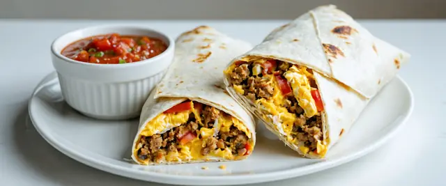 Egg and Sausage Breakfast Burritos with Roasted Peppers