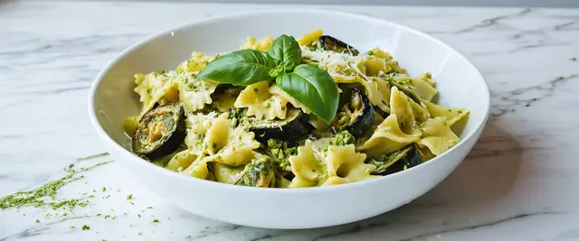Eggplant and Pesto Farfalle with Toasted Pine Nuts