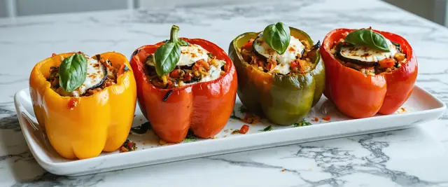 Eggplant and Tomato Stuffed Peppers with Basil Pesto