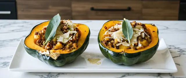 Farro and Sausage Stuffed Acorn Squash with Sage