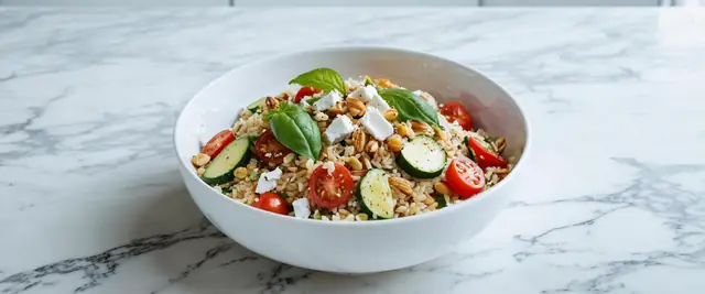 Farro Pesto Veggie Bowl with Sun-Dried Tomato Balsamic Drizzle