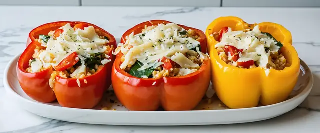 Farro Spinach and Feta Stuffed Peppers with Oregano
