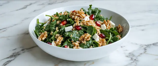 Garlic Lemon Kale and Farro Salad with Pomegranate Seeds