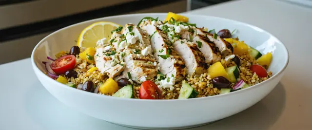 Greek Lemon Chicken and Freekeh Bowl with Tzatziki Hummus Drizzle