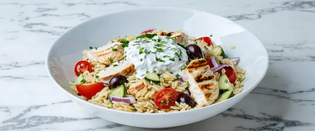 Greek Orzo Salad with Grilled Chicken and Tzatziki
