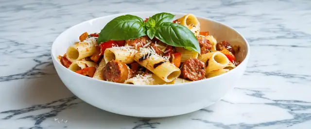 Grilled Sausage and Peppers Rigatoni with Tomato Basil Sauce