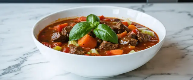 Hearty Beef and Tomato Stew with Basil and Balsamic Vinegar