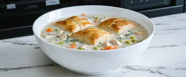 Homestyle Chicken Pot Pie Soup with Flaky Pastry and Nutmeg
