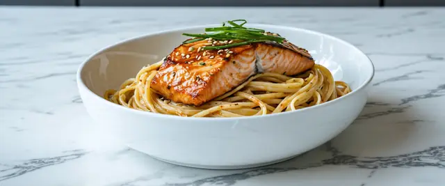 Honey Sriracha Glazed Salmon Linguine with Sesame Seeds