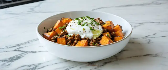 Hot Honey Cottage Cheese Sweet Potato Ground Beef Bowl