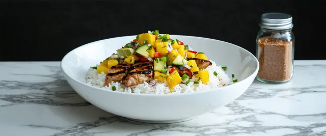 Jamaican Jerk Chicken and Coconut Rice Bowl with Mango Salsa