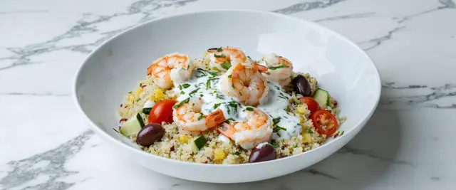 Lemon Herb Shrimp and Quinoa Bowl with Greek Feta Dressing