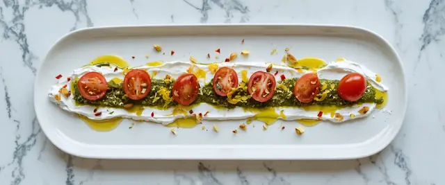 Lemon Ricotta with Sizzling Cherry Tomatoes and Pistachio Pesto