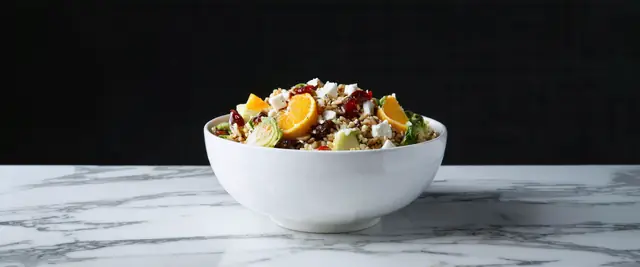 Maple Glazed Brussels Sprouts and Farro Bowl with Pecan Orange Dressing