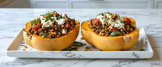 Mediterranean Feta and Lentil Stuffed Butternut Squash