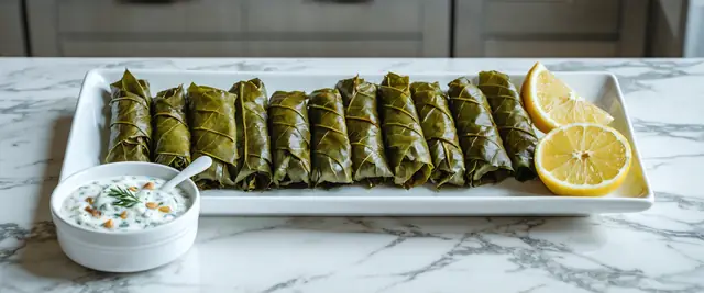 Mediterranean Stuffed Grape Leaves with Tzatziki Sauce