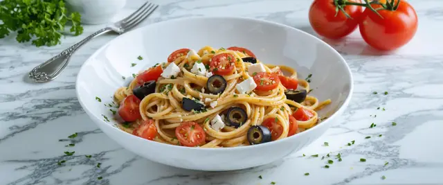 Mediterranean Tofu and Tomato Linguine with Oregano
