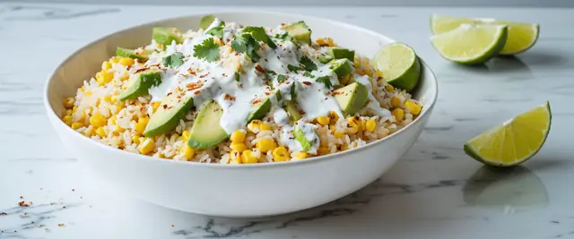 Mexican Street Corn Rice Bowl with Cilantro Lime Crema