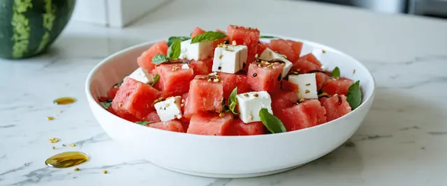 Minted Watermelon Feta Salad with Balsamic Reduction, and Fresh Mint