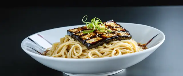 Miso Glazed Eggplant and Udon Noodle Bowl with Sesame Soy Vinaigrette