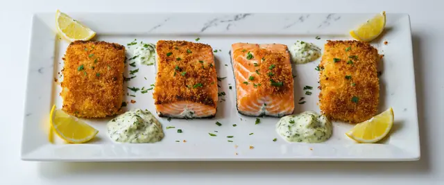 Panko-Crusted Salmon with Dill Sauce and Lemon Wedges