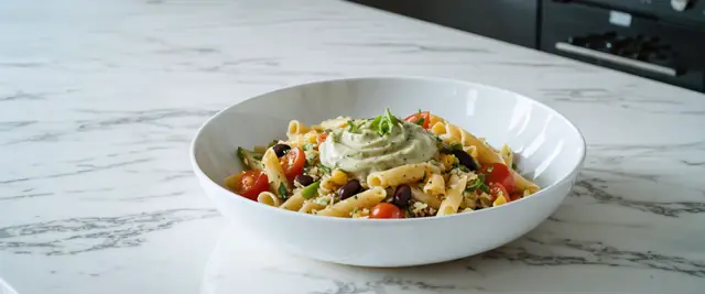 Quinoa and Black Bean Penne Bowl with Avocado Cream