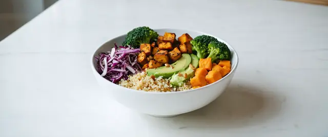 Quinoa and Roasted Veggie Buddha Bowl with Green Goddess Dressing