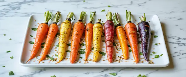 Roasted Rainbow Carrots with Tahini Drizzle and Sesame Seeds